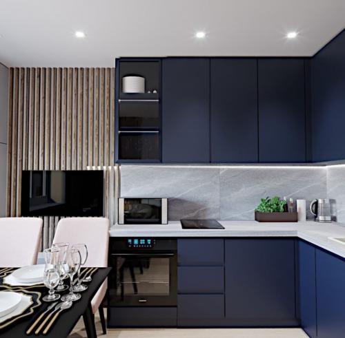 Синие обои на кухне. 109 модных интерьеров кухни в синих тонах